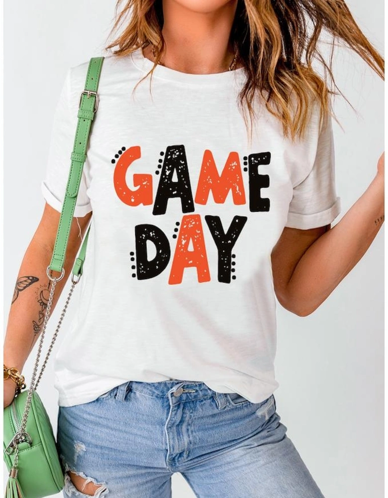 White GAME DAY Funny Letter Printed Casual Tee