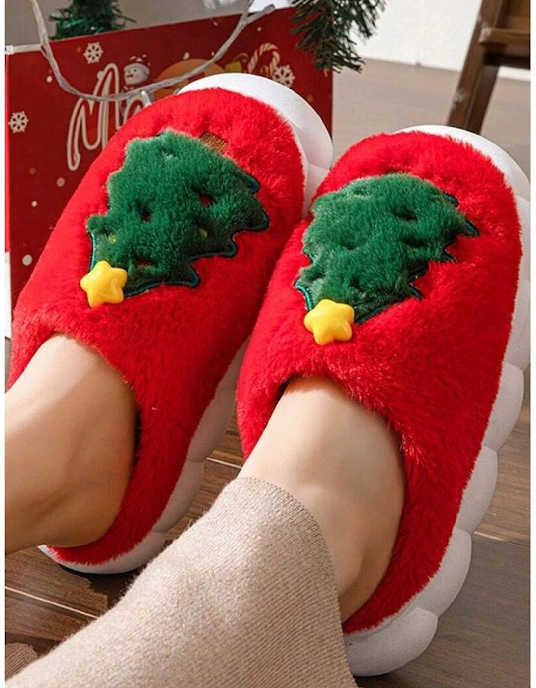 Fiery Red Christmas Tree Graphic Thick Sole Plush Slippers