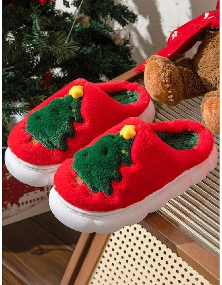 Fiery Red Christmas Tree Graphic Thick Sole Plush Slippers