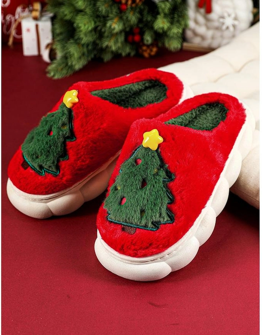 Fiery Red Christmas Tree Graphic Thick Sole Plush Slippers