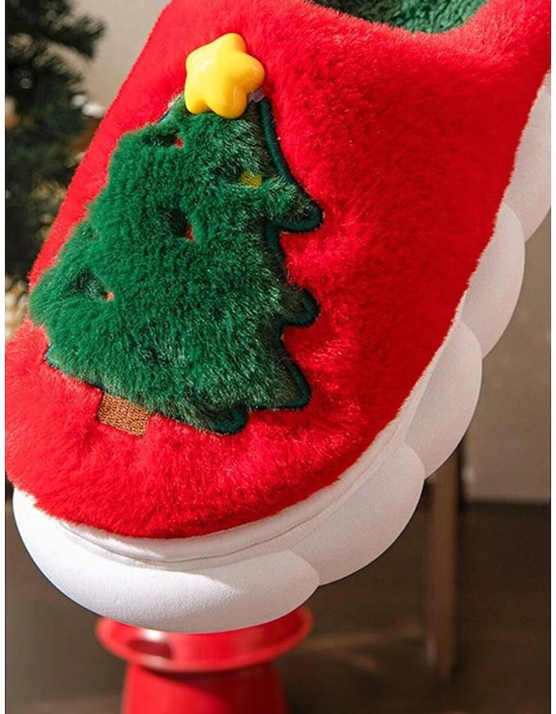 Fiery Red Christmas Tree Graphic Thick Sole Plush Slippers, 14 of 13