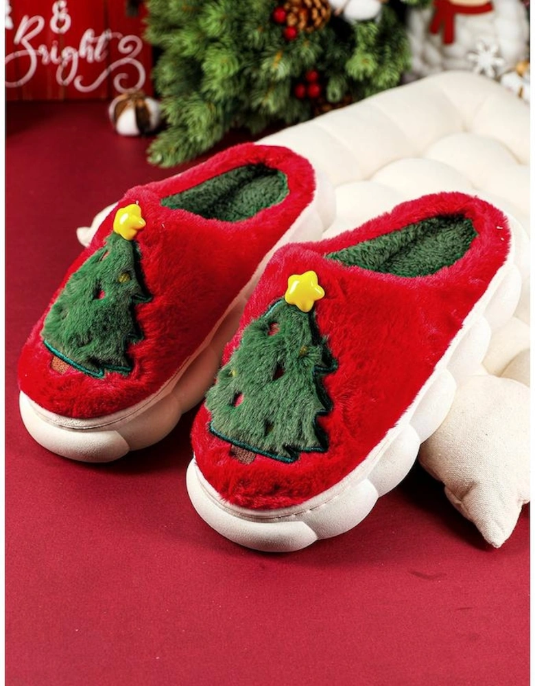 Fiery Red Christmas Tree Graphic Thick Sole Plush Slippers