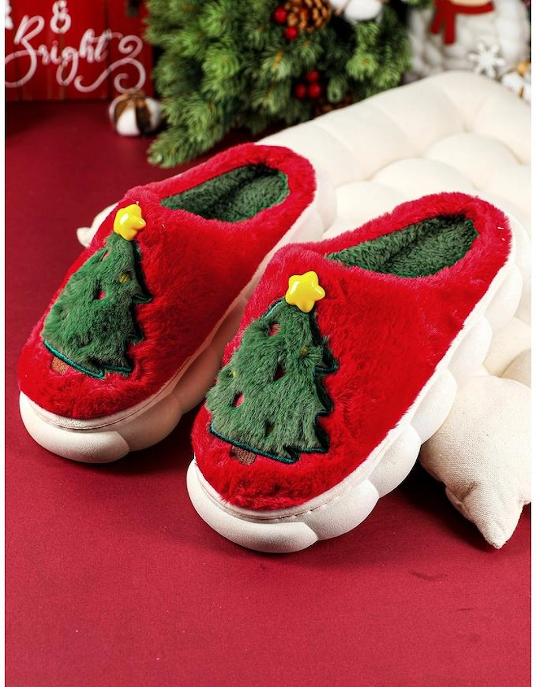 Fiery Red Christmas Tree Graphic Thick Sole Plush Slippers