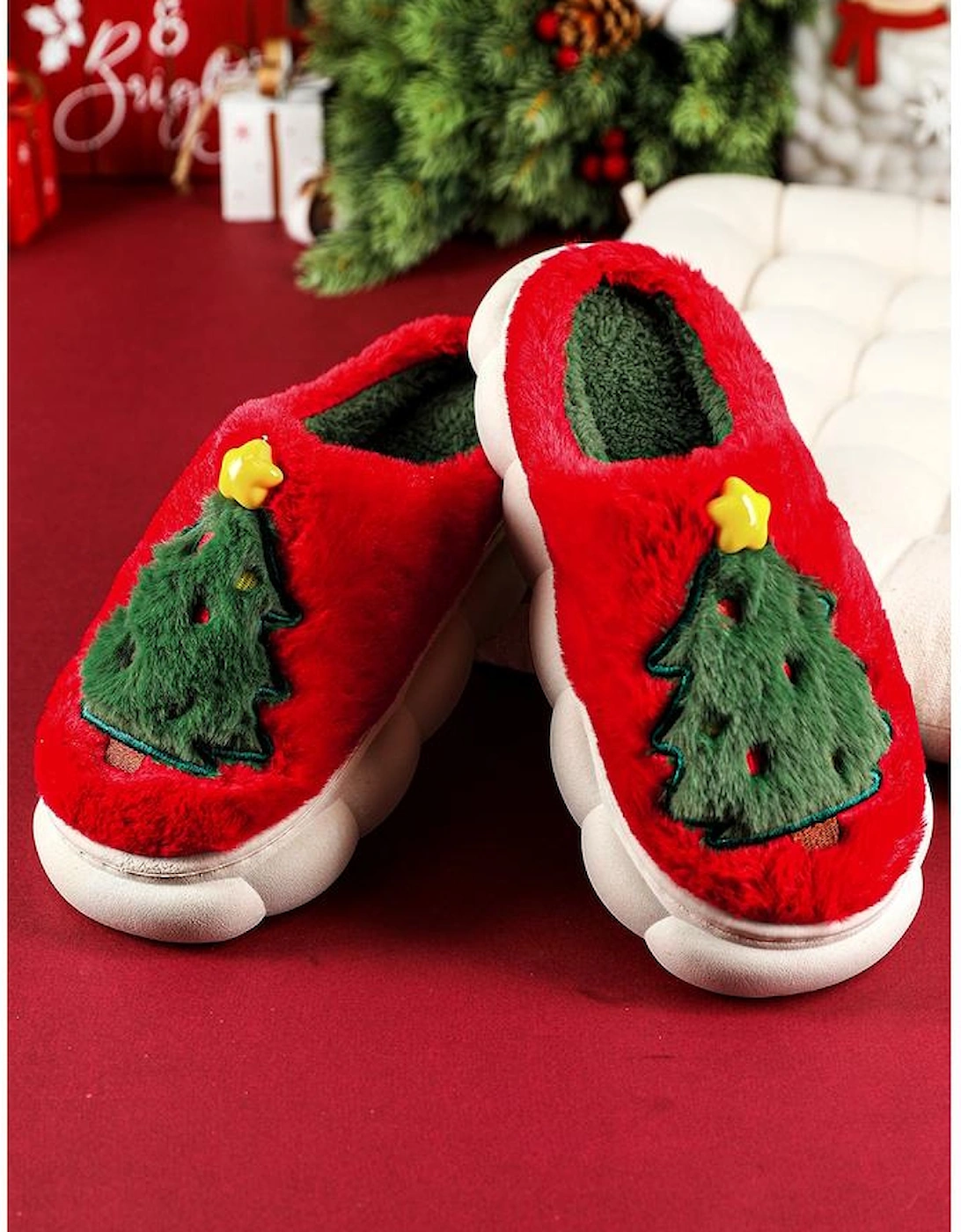 Fiery Red Christmas Tree Graphic Thick Sole Plush Slippers