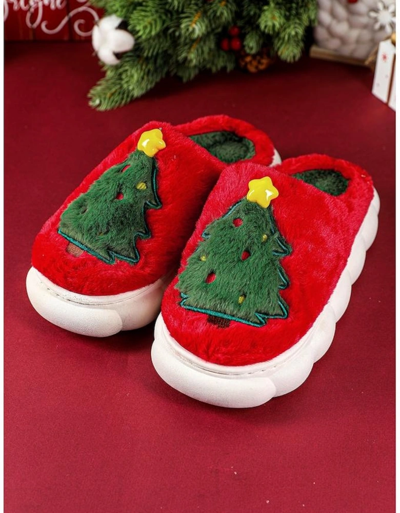 Fiery Red Christmas Tree Graphic Thick Sole Plush Slippers