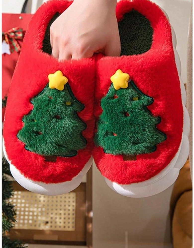 Fiery Red Christmas Tree Graphic Thick Sole Plush Slippers