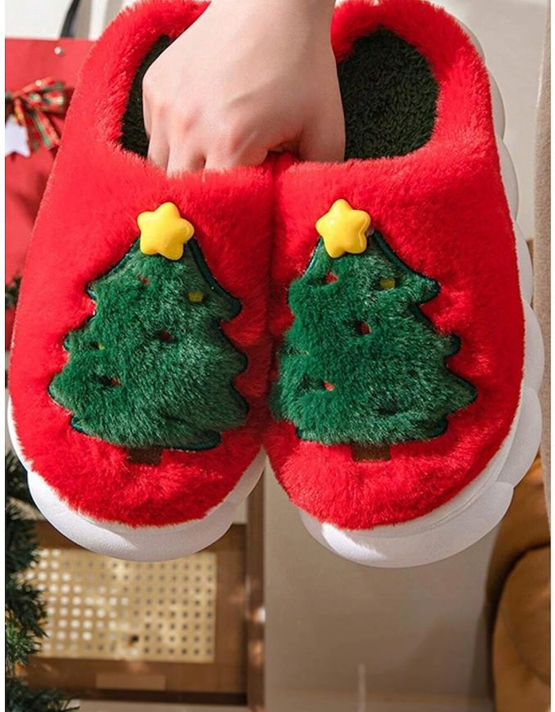 Fiery Red Christmas Tree Graphic Thick Sole Plush Slippers