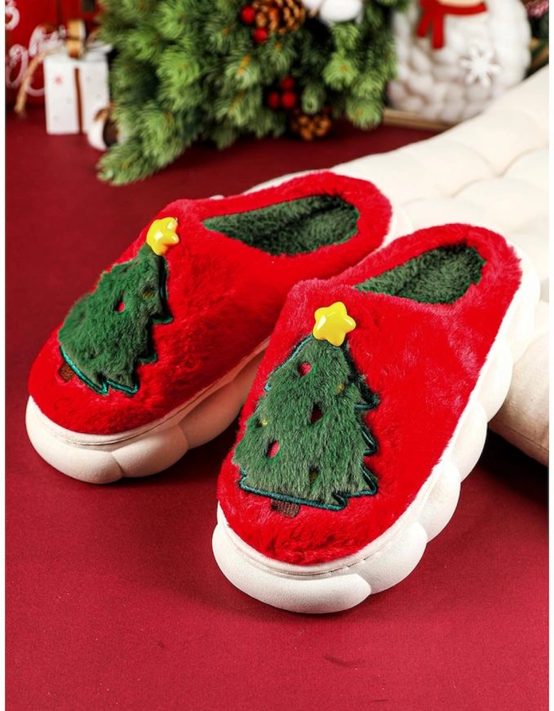 Fiery Red Christmas Tree Graphic Thick Sole Plush Slippers