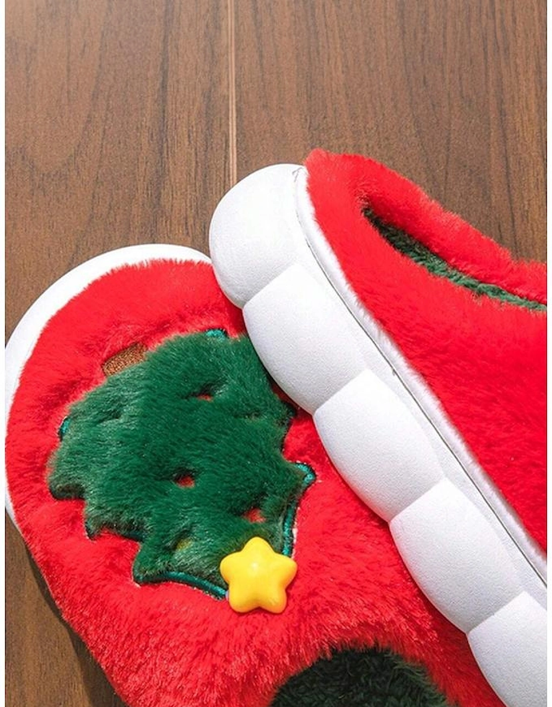 Fiery Red Christmas Tree Graphic Thick Sole Plush Slippers
