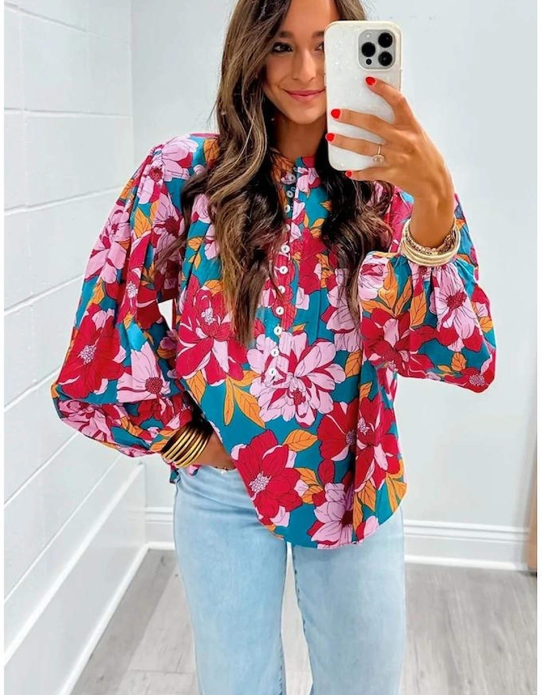 Red Floral Printed Balloon Sleeve Half Buttons Blouse, 6 of 5