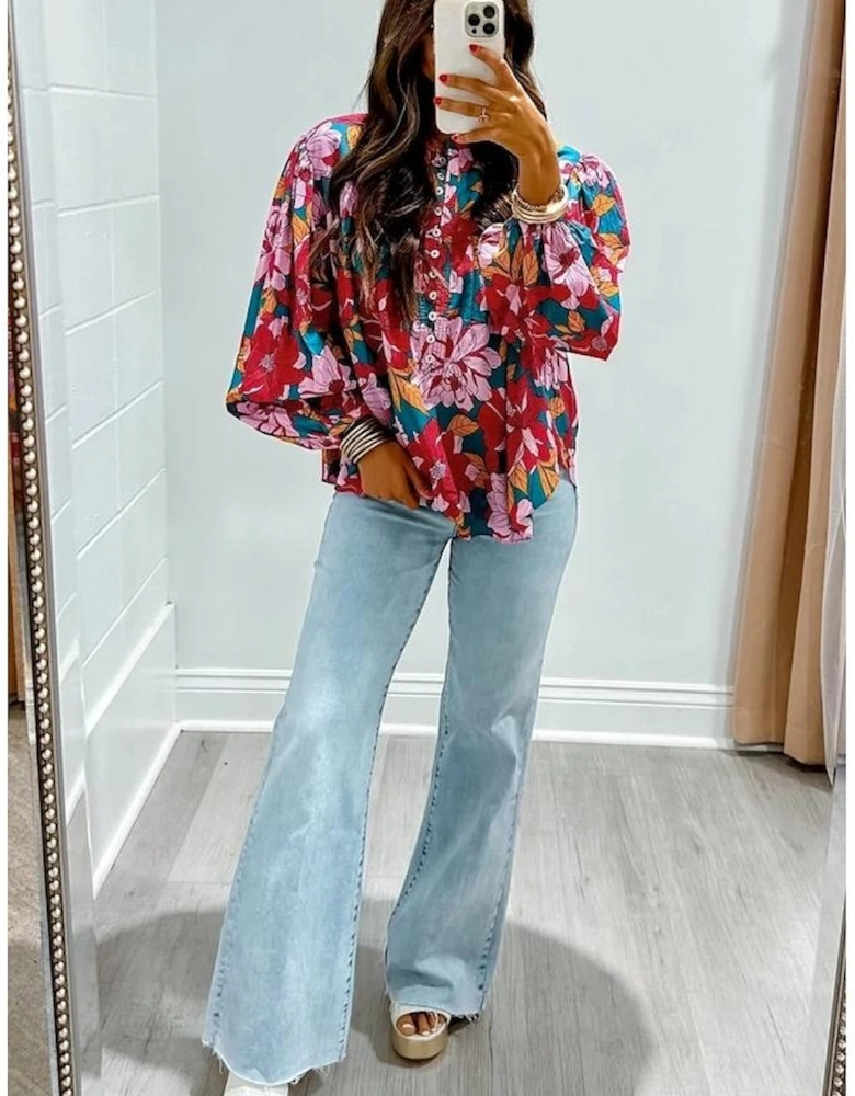 Red Floral Printed Balloon Sleeve Half Buttons Blouse