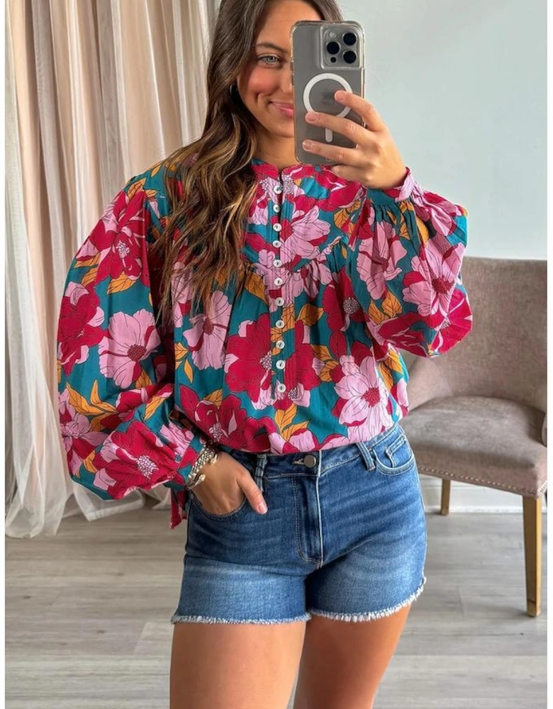 Red Floral Printed Balloon Sleeve Half Buttons Blouse