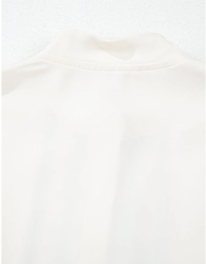 Beige Floral Embroidered Stand Neck Buttoned Shirt