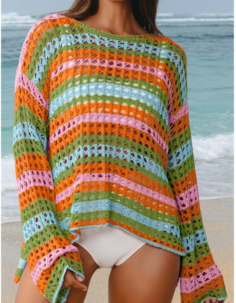 Carrot Multi Stripe Open Knit Sweater Beach Cover Up