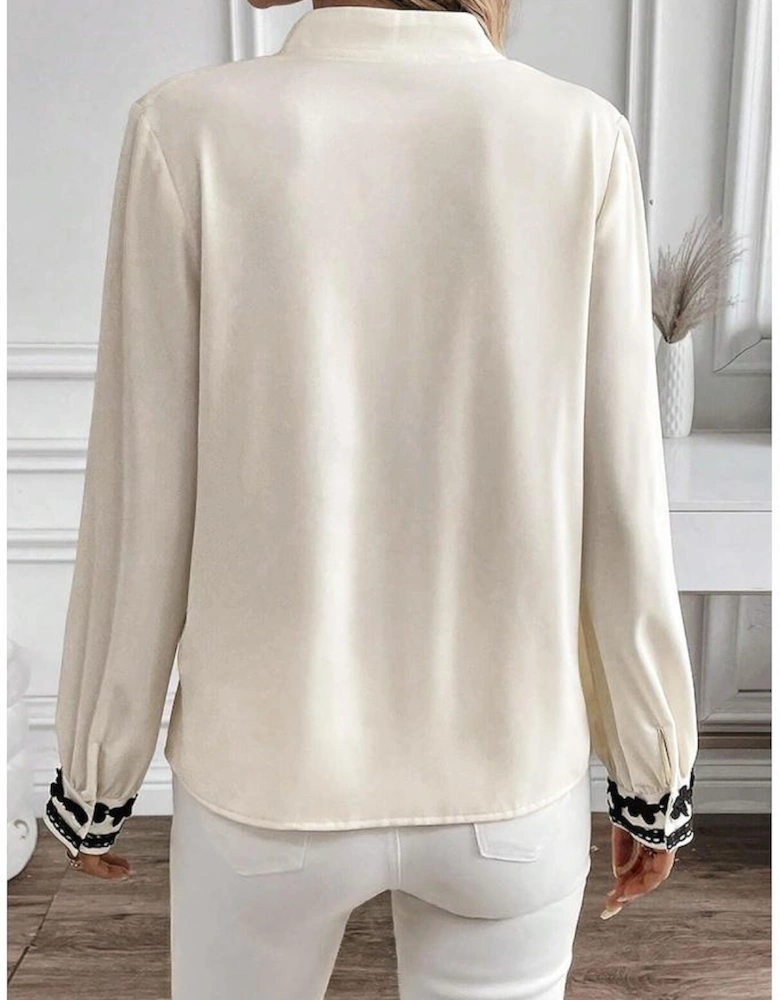 Beige Floral Embroidered Stand Neck Buttoned Shirt