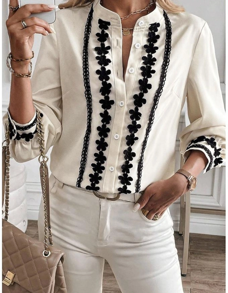 Beige Floral Embroidered Stand Neck Buttoned Shirt