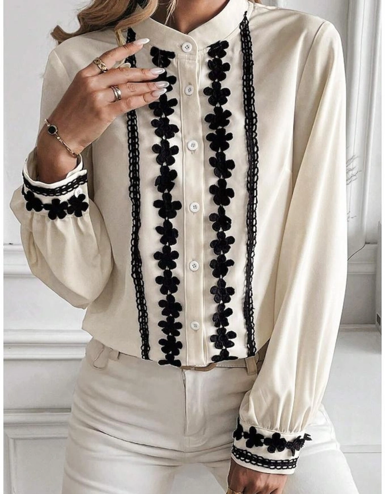 Beige Floral Embroidered Stand Neck Buttoned Shirt