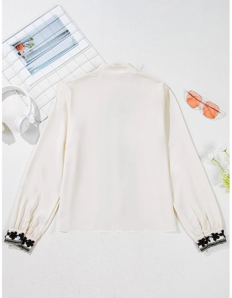 Beige Floral Embroidered Stand Neck Buttoned Shirt