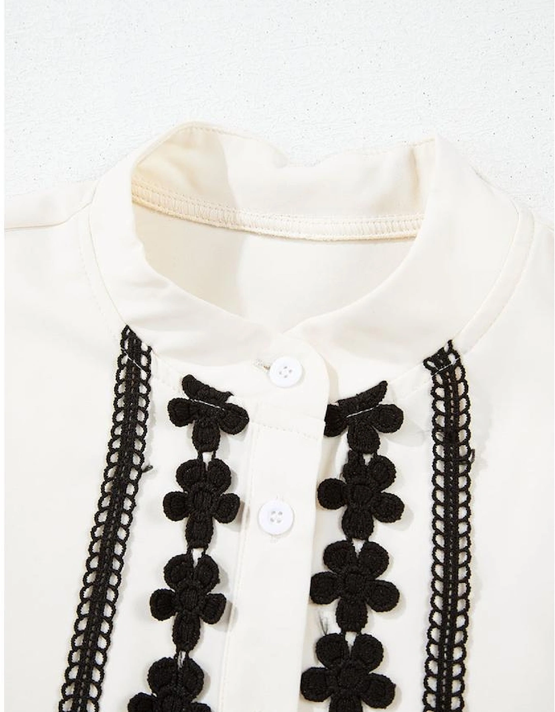Beige Floral Embroidered Stand Neck Buttoned Shirt, 13 of 12