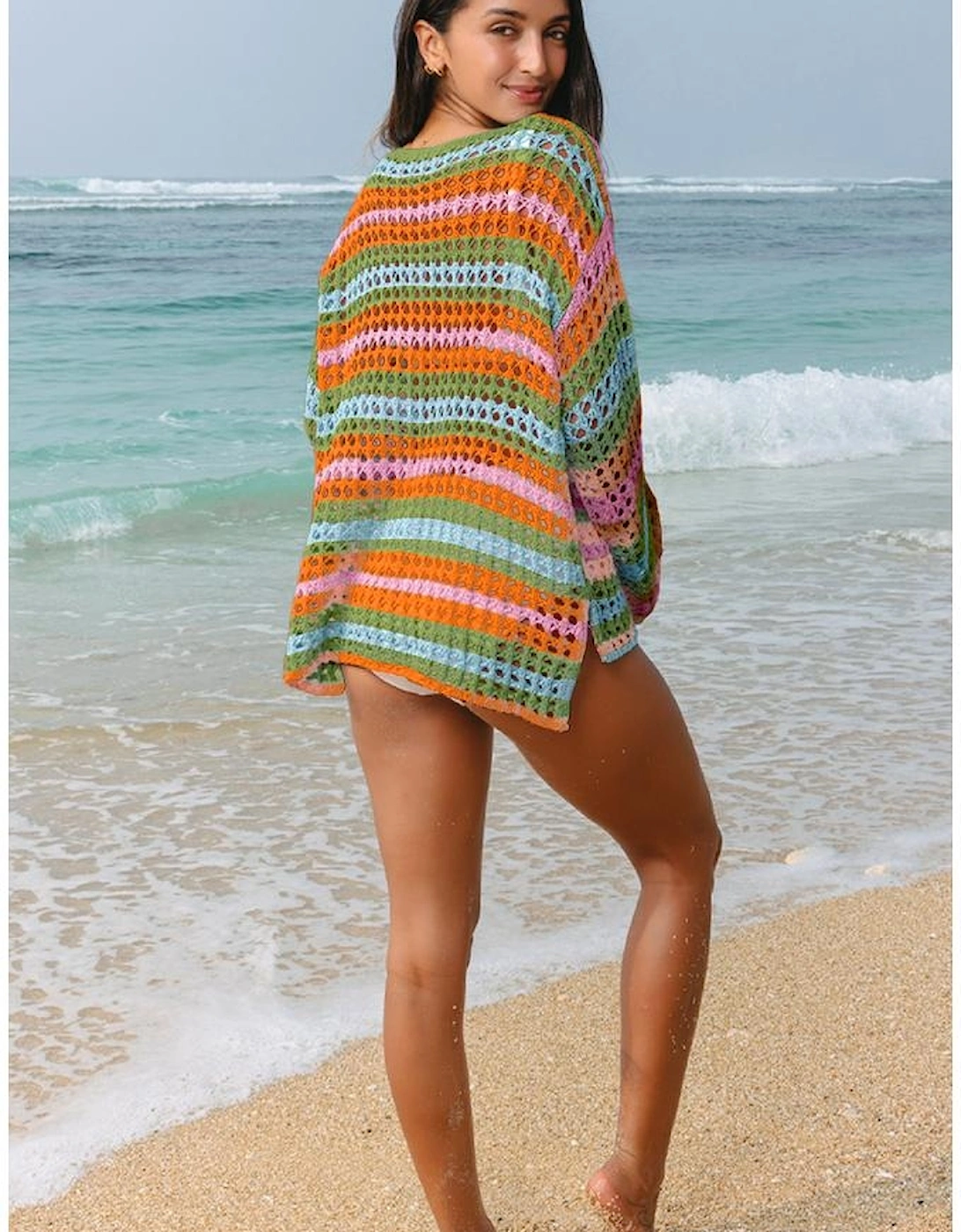 Carrot Multi Stripe Open Knit Sweater Beach Cover Up, 4 of 3