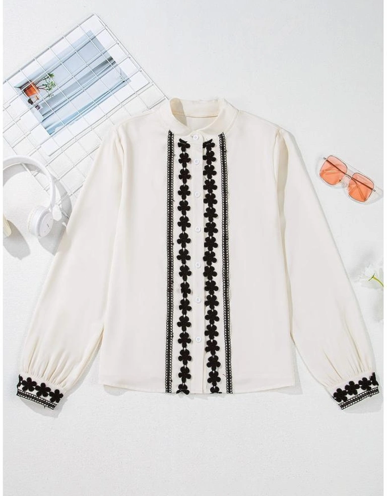 Beige Floral Embroidered Stand Neck Buttoned Shirt