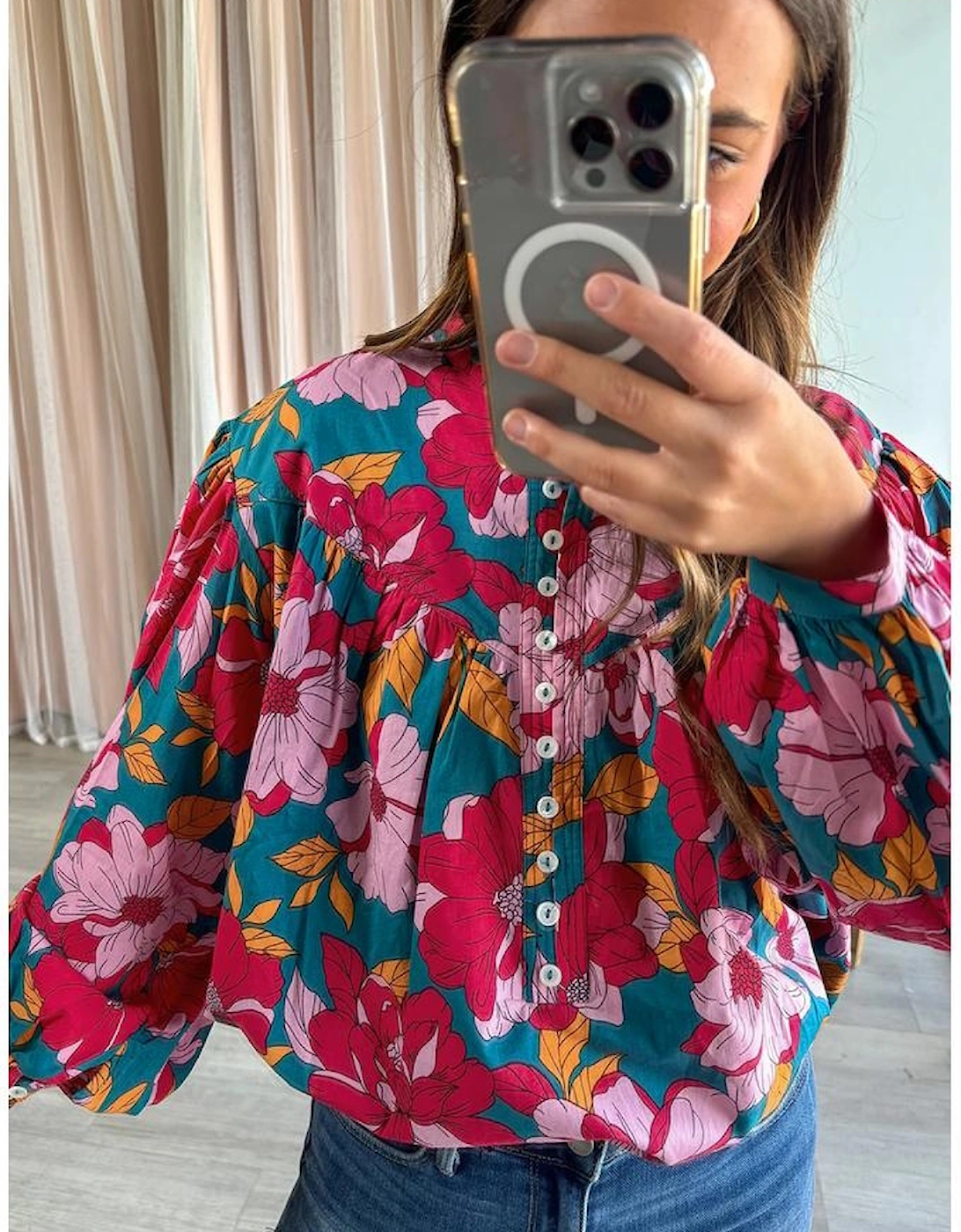 Red Floral Printed Balloon Sleeve Half Buttons Blouse