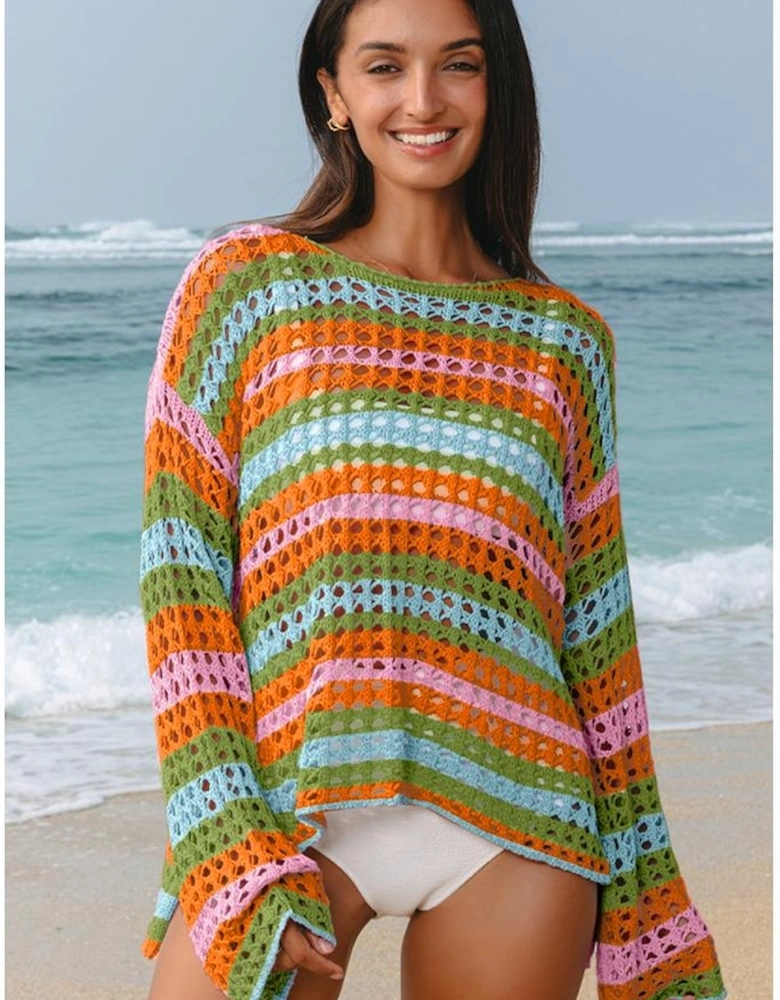 Carrot Multi Stripe Open Knit Sweater Beach Cover Up