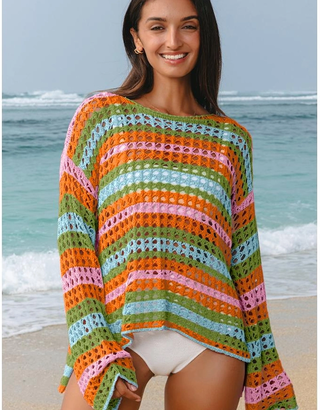 Carrot Multi Stripe Open Knit Sweater Beach Cover Up