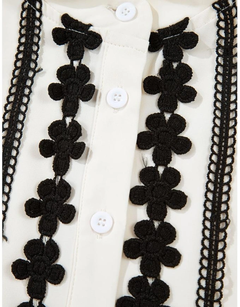 Beige Floral Embroidered Stand Neck Buttoned Shirt