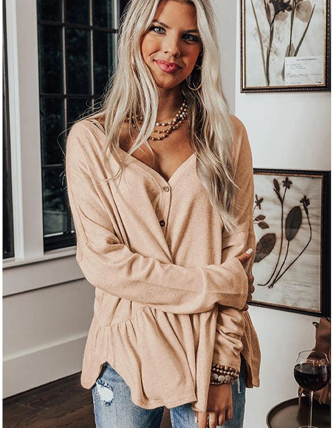 Jet Stream Ruffled V Neck Buttoned V Neck Shirt