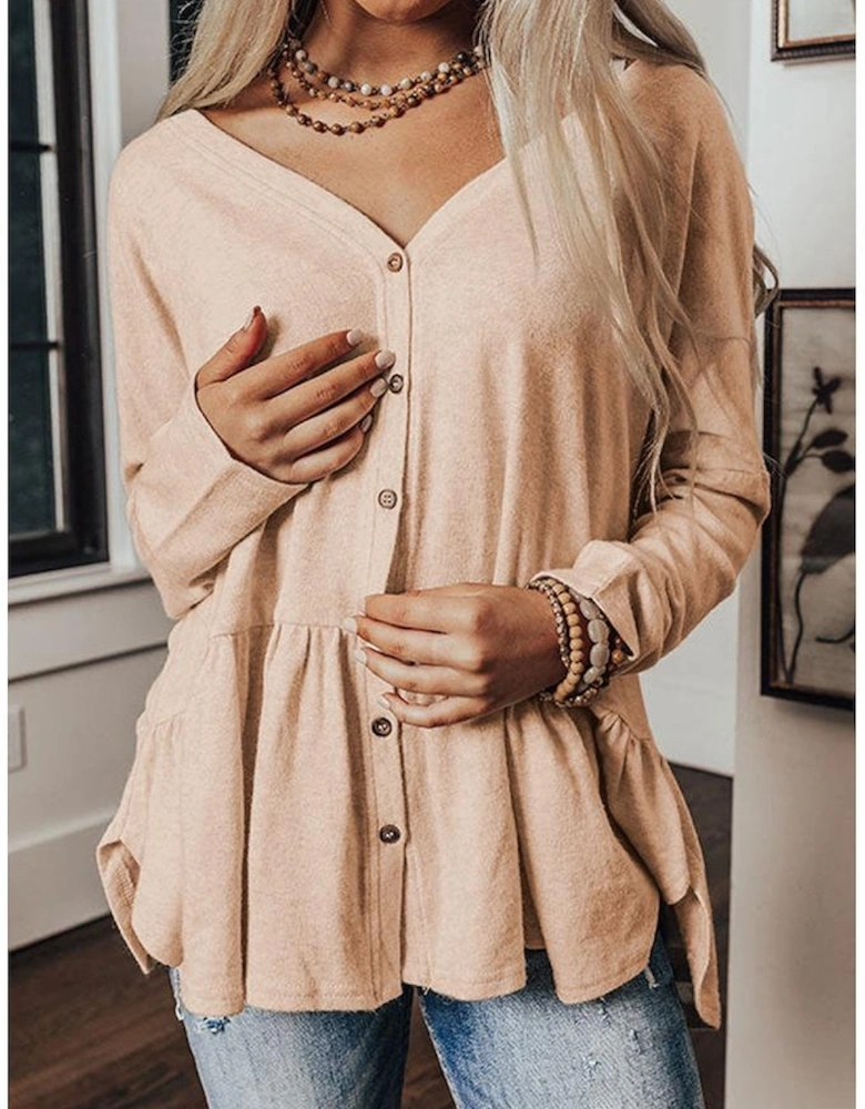 Jet Stream Ruffled V Neck Buttoned V Neck Shirt