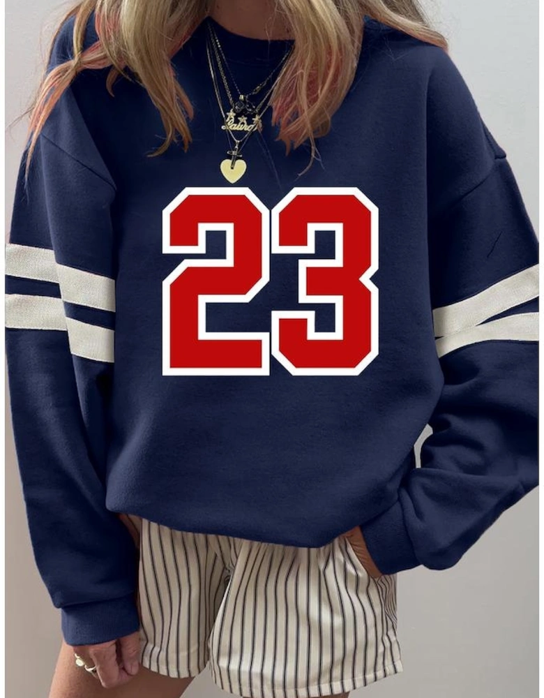 Navy Blue Number 23 Printed Oversize Varsity Sweatshirt