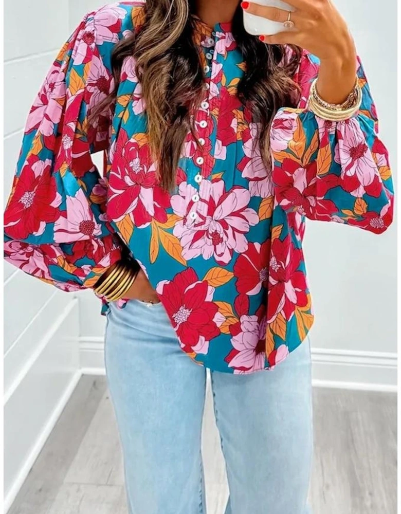 Red Floral Printed Balloon Sleeve Half Buttons Blouse
