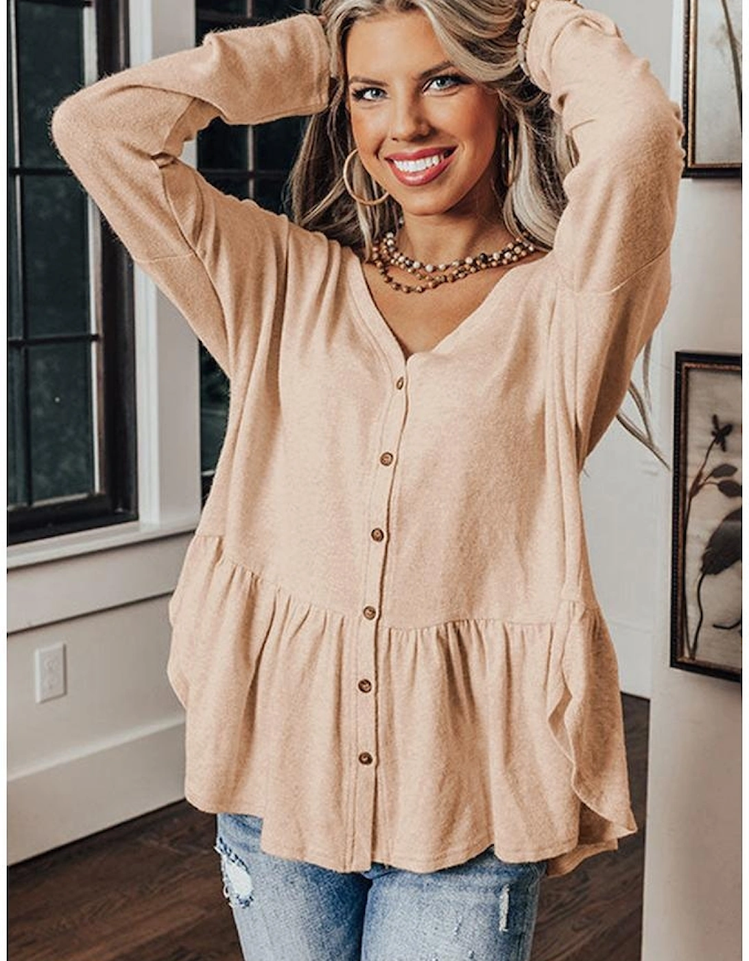 Jet Stream Ruffled V Neck Buttoned V Neck Shirt