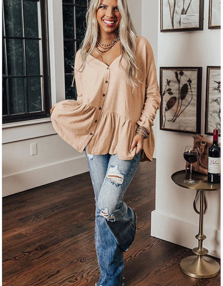 Jet Stream Ruffled V Neck Buttoned V Neck Shirt