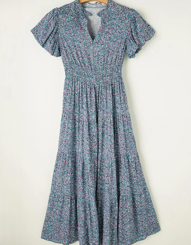 Blue Printed V Neck Shirred Short Puff Sleeve Maxi Dress