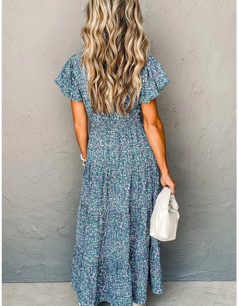 Blue Printed V Neck Shirred Short Puff Sleeve Maxi Dress