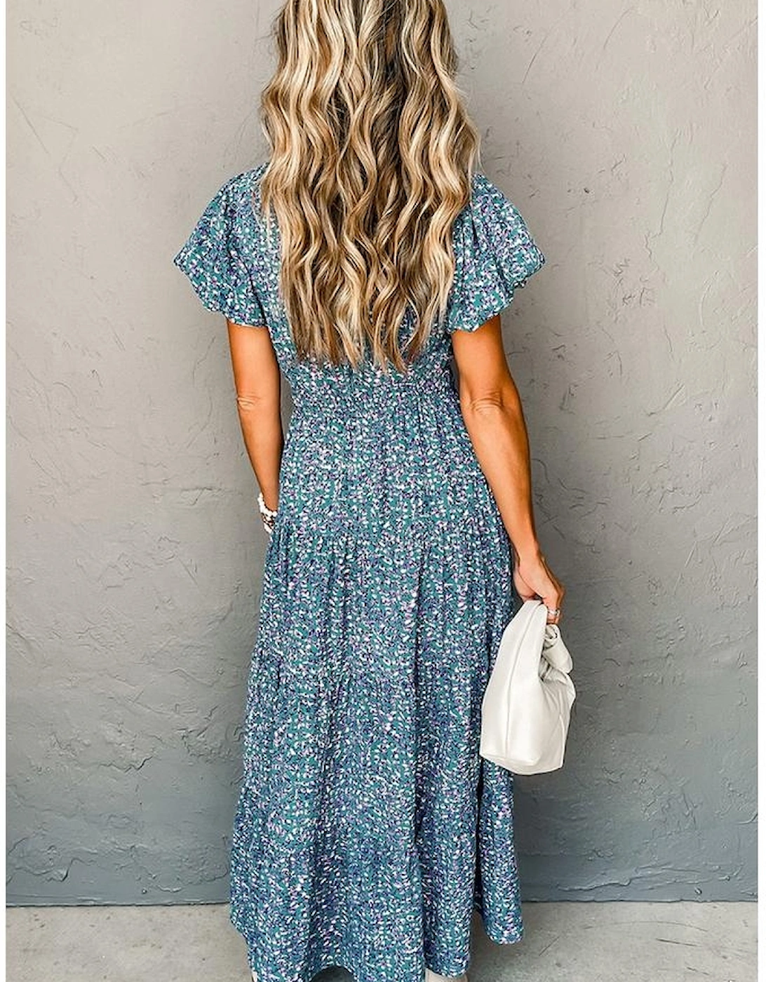 Blue Printed V Neck Shirred Short Puff Sleeve Maxi Dress