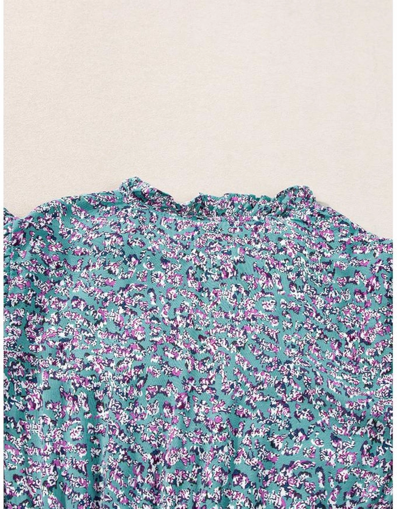 Blue Printed V Neck Shirred Short Puff Sleeve Maxi Dress