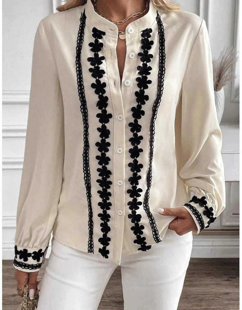 Beige Floral Embroidered Stand Neck Buttoned Shirt