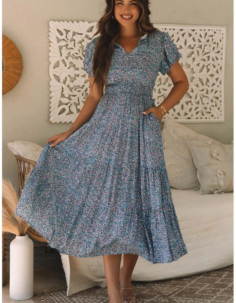 Blue Printed V Neck Shirred Short Puff Sleeve Maxi Dress