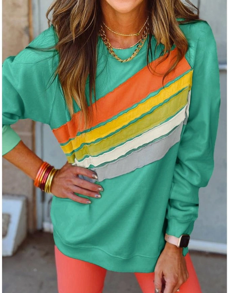 Mint Green Rainbow Colorblock Striped Pullover Sweatshirt
