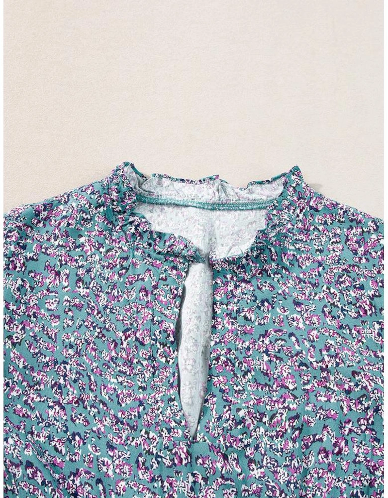 Blue Printed V Neck Shirred Short Puff Sleeve Maxi Dress