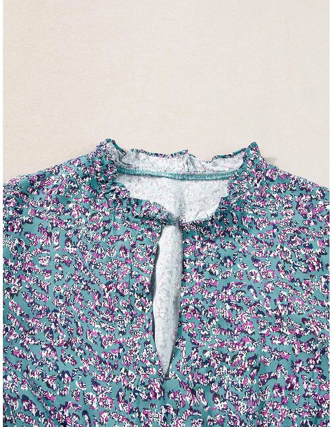 Blue Printed V Neck Shirred Short Puff Sleeve Maxi Dress