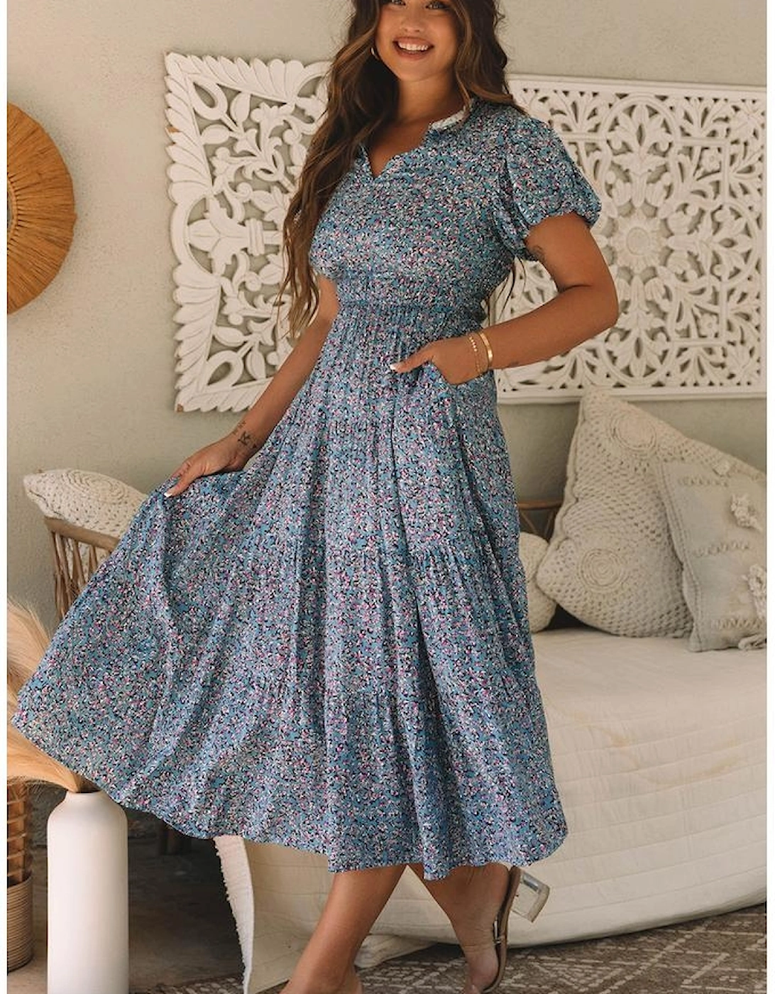 Blue Printed V Neck Shirred Short Puff Sleeve Maxi Dress