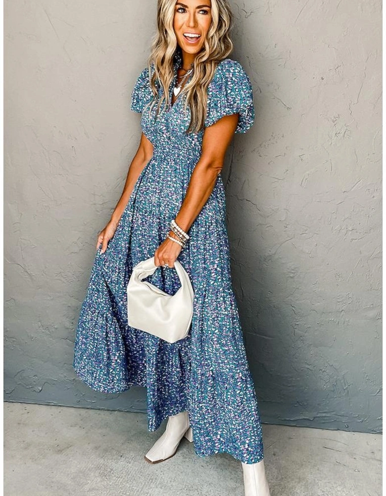 Blue Printed V Neck Shirred Short Puff Sleeve Maxi Dress