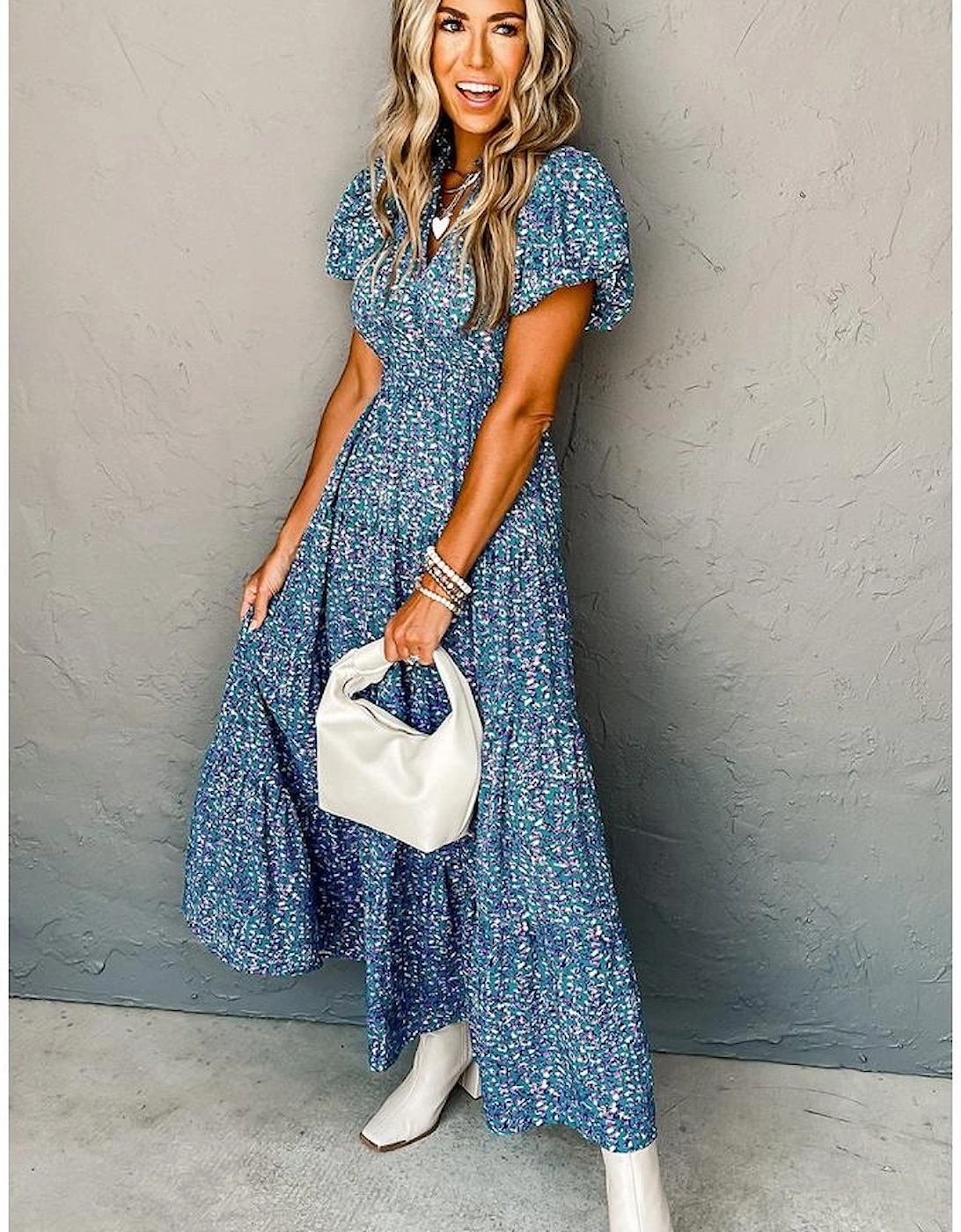 Blue Printed V Neck Shirred Short Puff Sleeve Maxi Dress