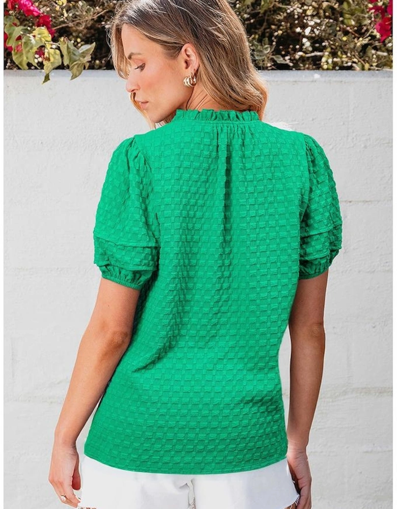 Bright Green Textured Puff Short Sleeve Notched V Neck Top