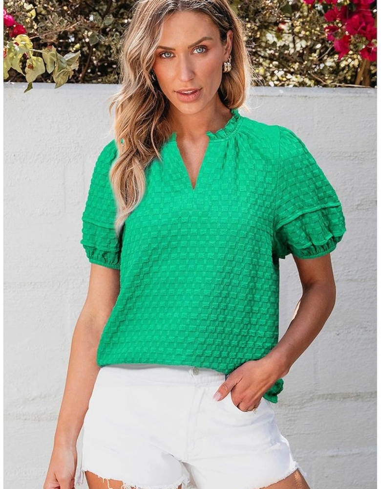 Bright Green Textured Puff Short Sleeve Notched V Neck Top