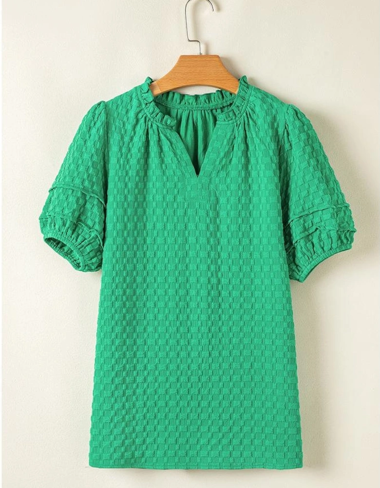 Bright Green Textured Puff Short Sleeve Notched V Neck Top